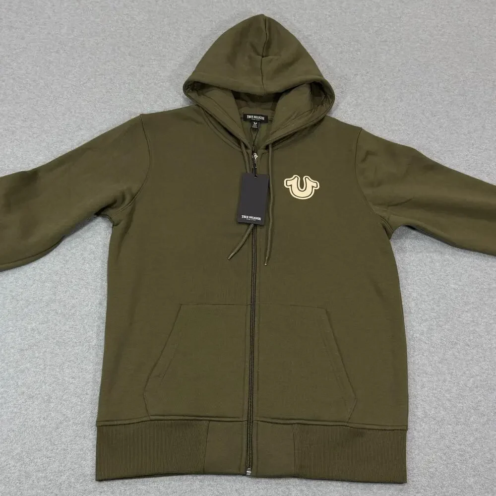 True Religion Core Zip Up Hoodie Mens Medium M Kalamata Olive Green Buddha NWT